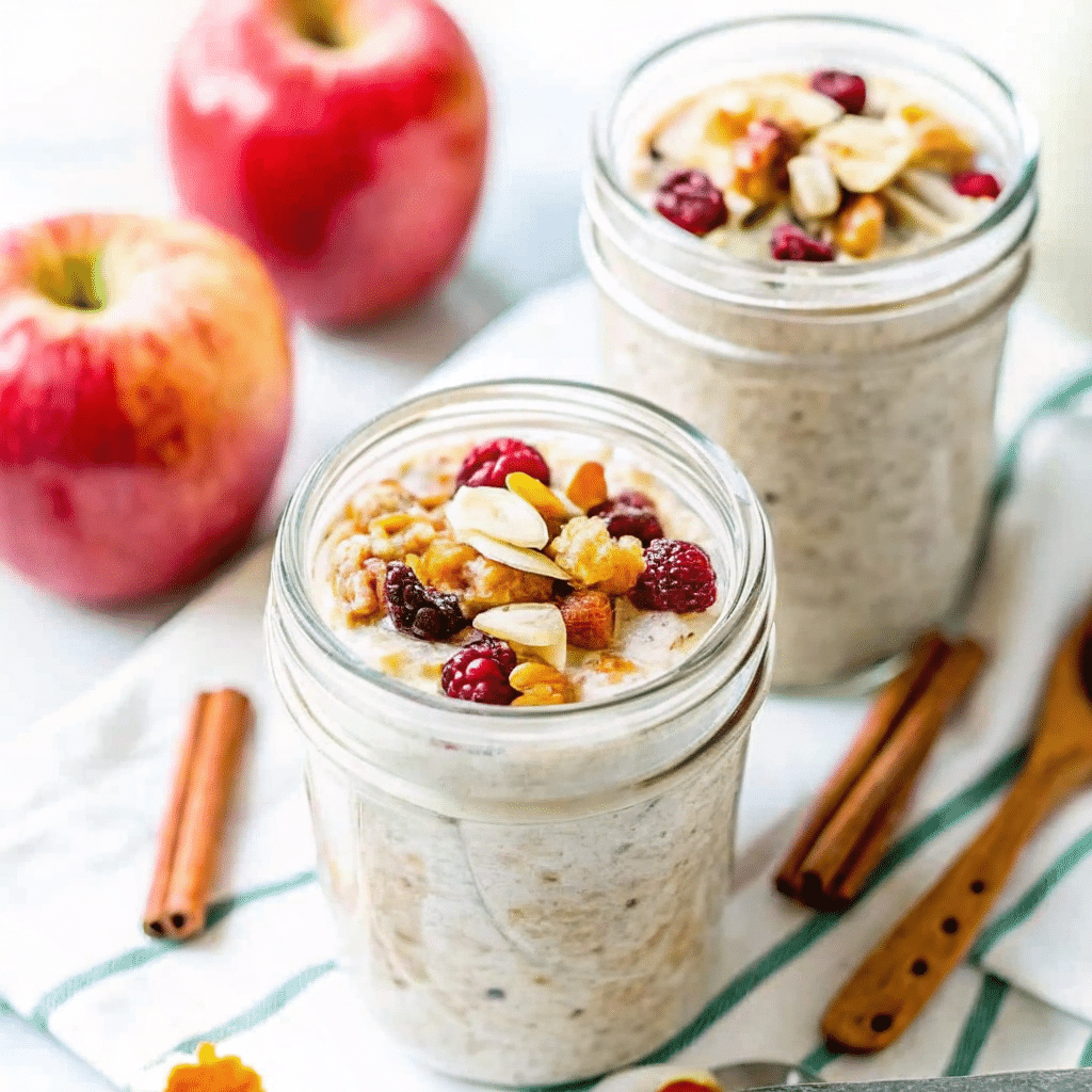 apple cinnamon overnight oats in a jar with fresh apples and spices