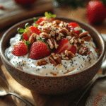 Greek yogurt with strawberries, pecans, and granola