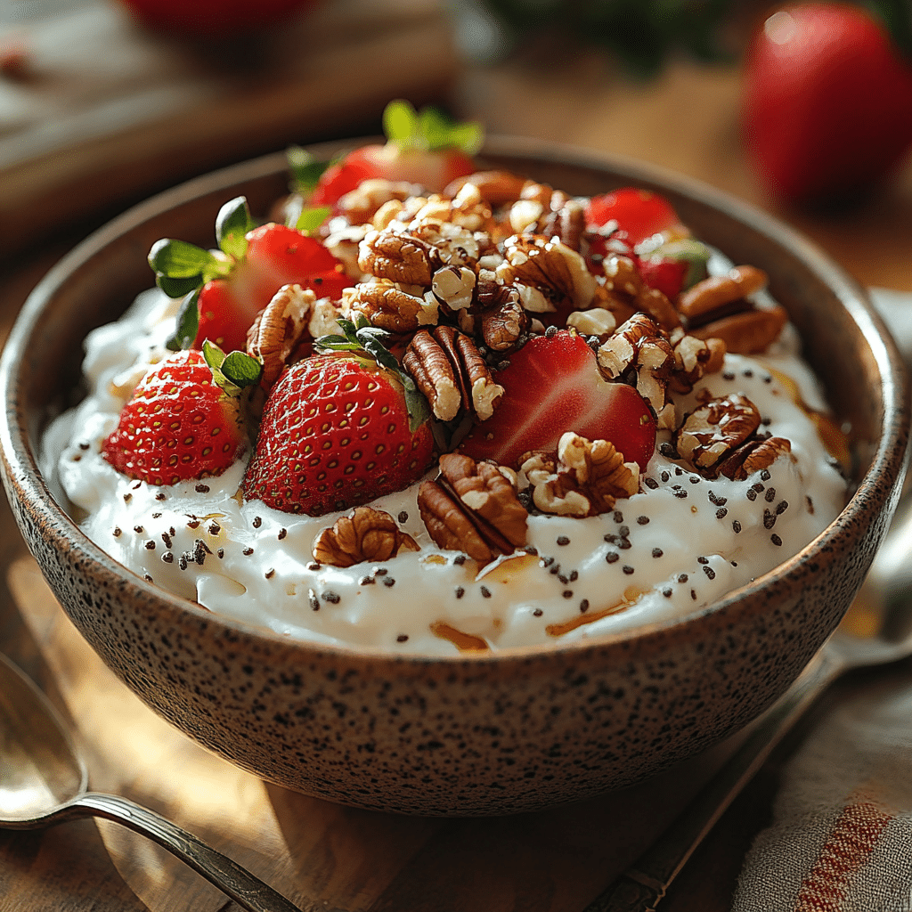 Greek yogurt with strawberries, pecans, and granola