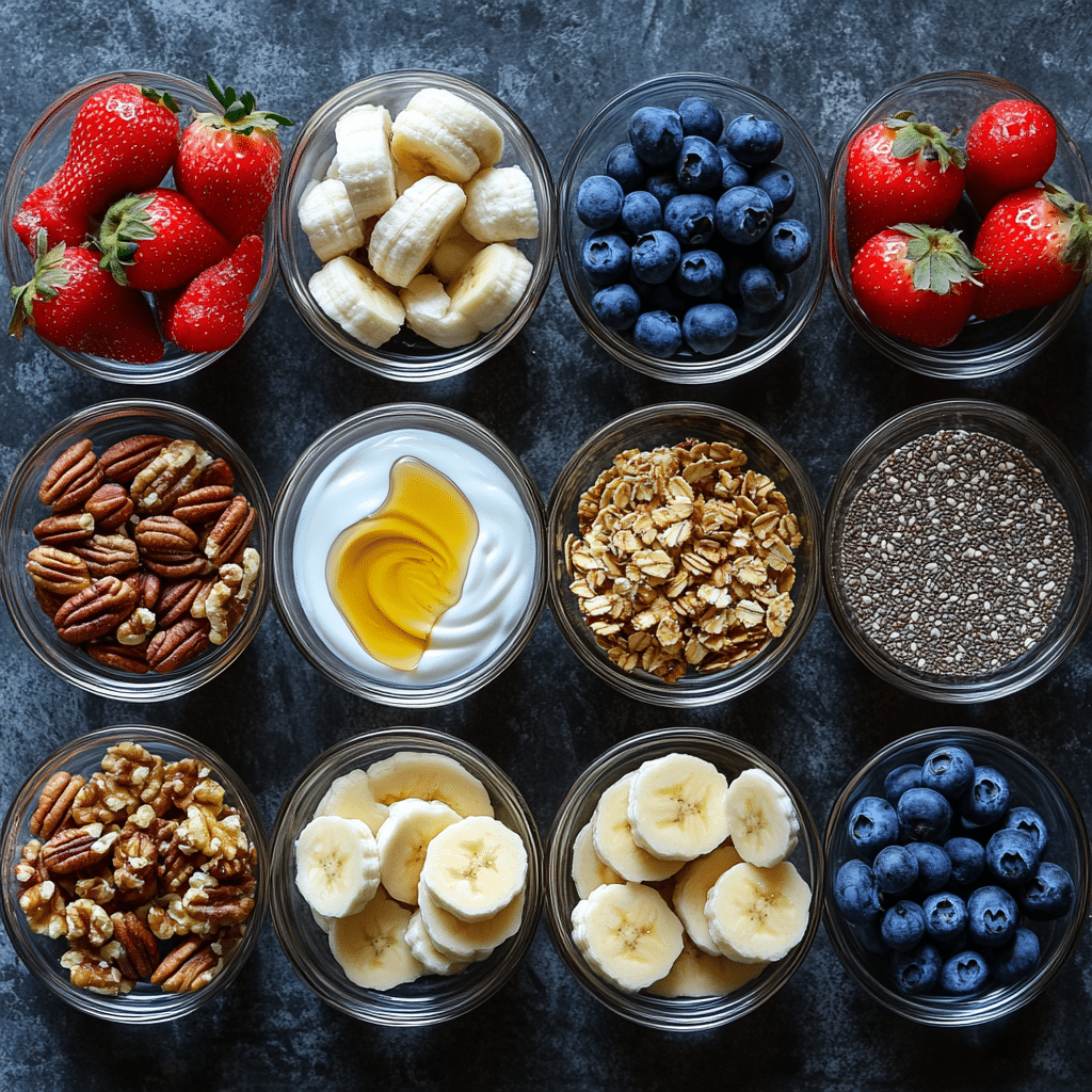 Greek yogurt and breakfast toppings laid out