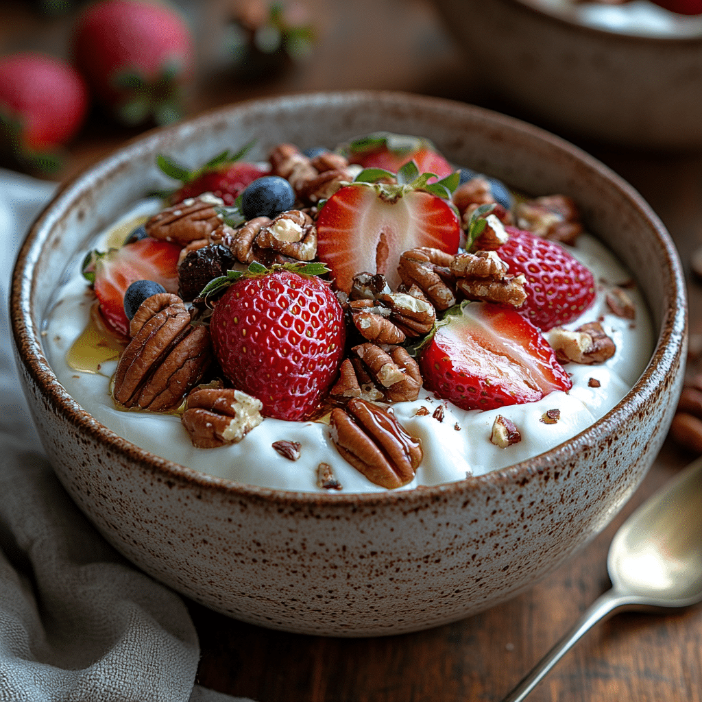 Served Greek yogurt bowl with strawberries and pecans