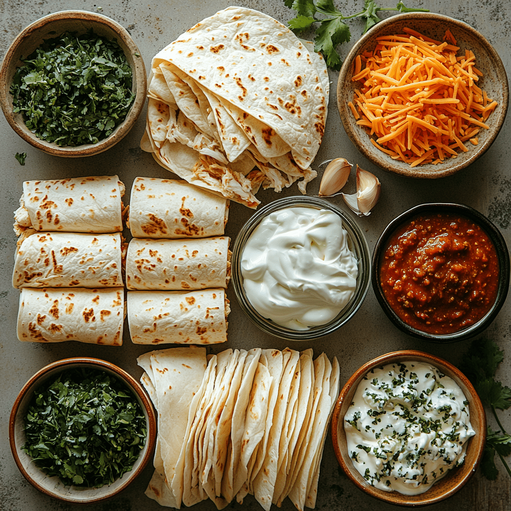 green-chili-chicken-enchiladas-ingredients Ingredients for green chili chicken enchiladas laid out on a white kitchen counter