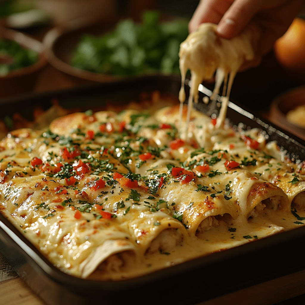 green-chili-chicken-enchiladas-steps Rolling tortillas and assembling green chili chicken enchiladas in a baking dish