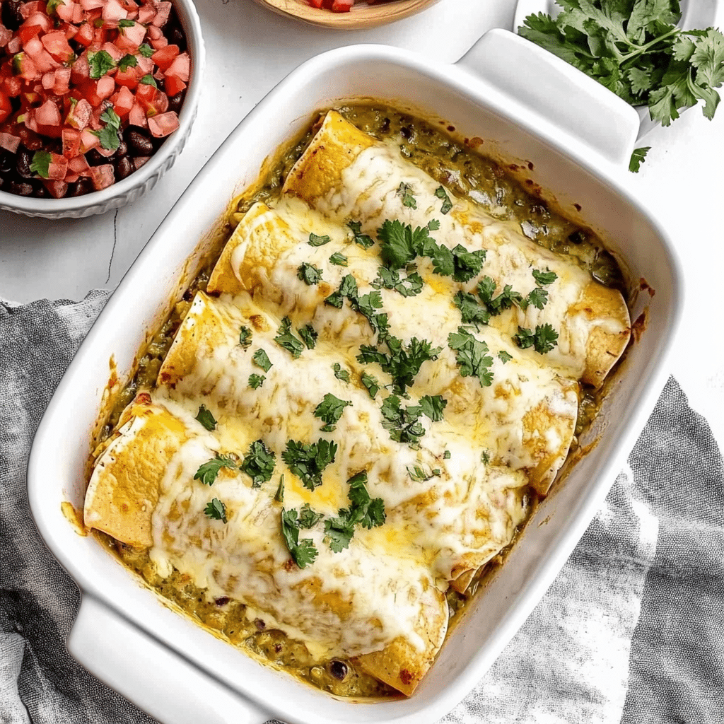 Close-up of green chili chicken enchiladas with melted cheese and cilantro in a white baking dish
