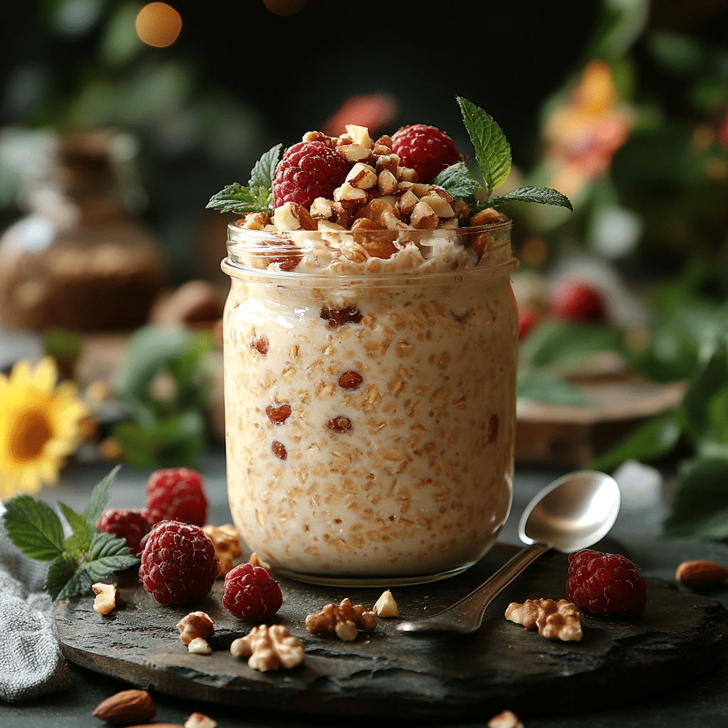 high-protein-overnight-oats-serving Served high protein overnight oats topped with raspberries and chopped nuts