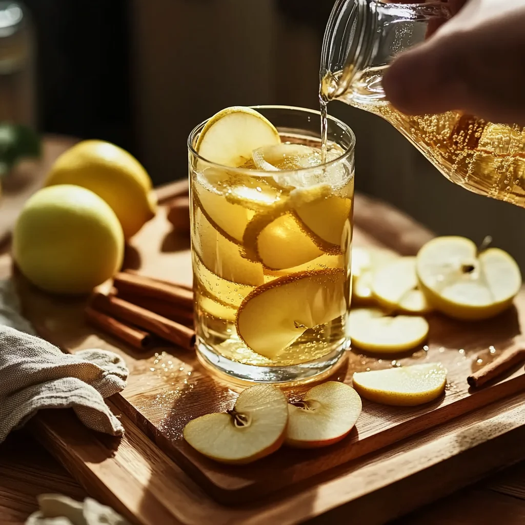 Pour Apple Cider Vinegar Over Green Apples for Natural Mounjaro Drink Pouring apple cider vinegar into glass with green apple slices and cinnamon sticks