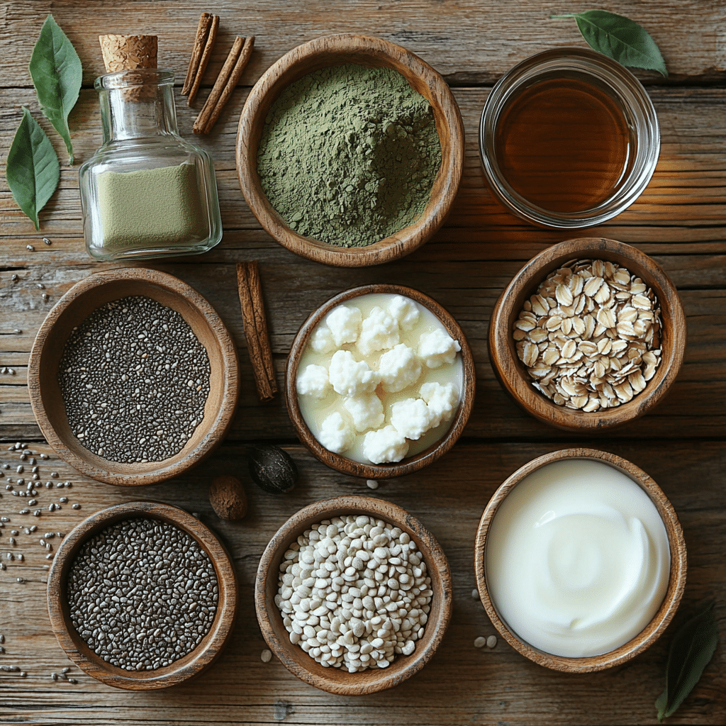 Ingredients for making matcha chia seed pudding arranged on a wooden surface