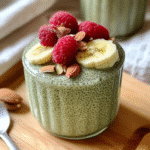 Matcha chia seed pudding topped with fresh raspberries in a ceramic ramekin, nuts and banana