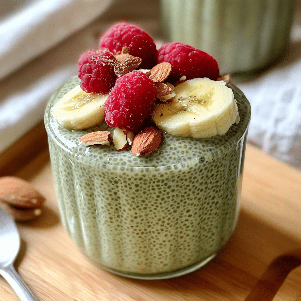 Matcha chia seed pudding topped with fresh raspberries in a ceramic ramekin, nuts and banana