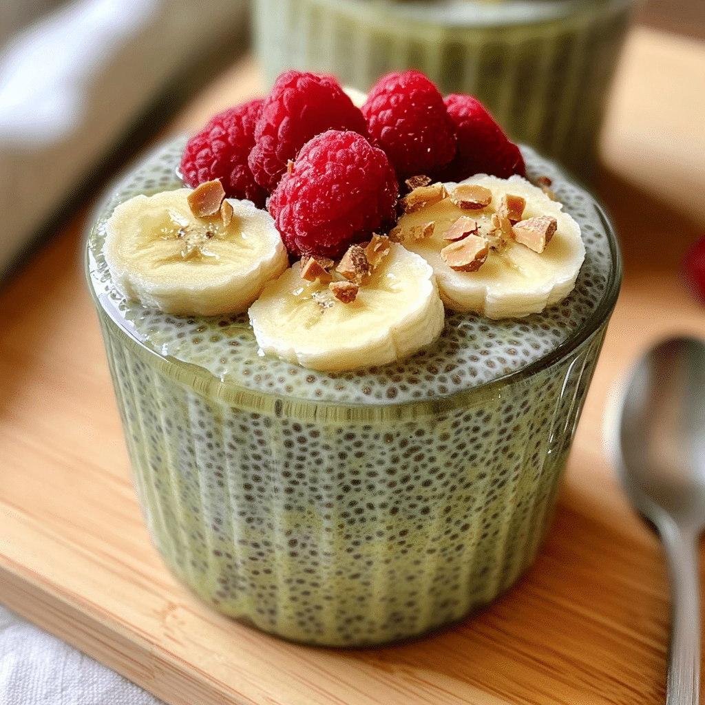 Served matcha chia seed pudding topped with fruit
