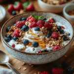 Creamy vanilla Greek yogurt with granola and berries