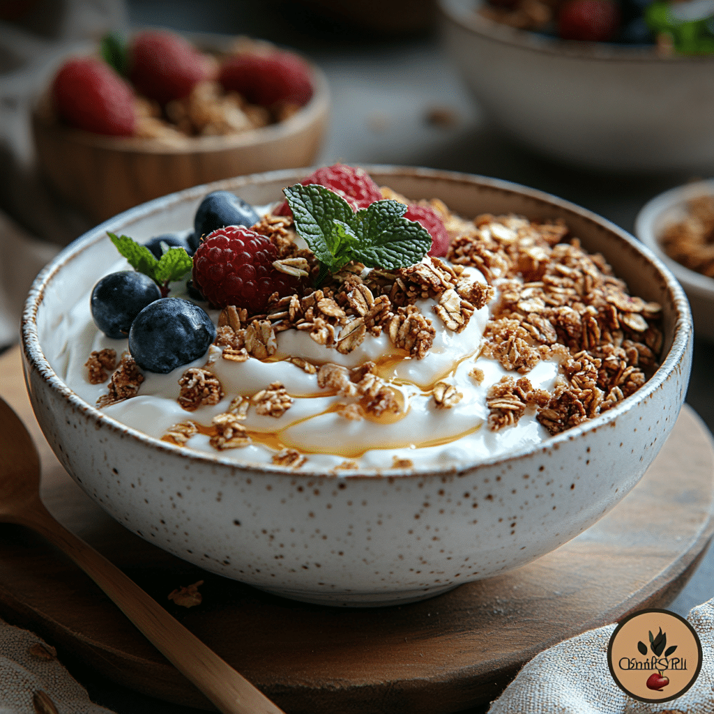 Bowl of vanilla Greek yogurt topped with granola, berries, and fresh mint
