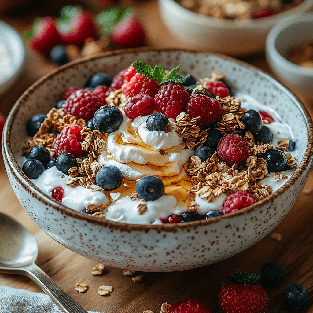 vanilla-greek-yogurt Creamy vanilla Greek yogurt with granola and berries