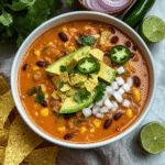 Vegan enchilada soup with tortilla chips, avocado, jalapeño, and cilantro