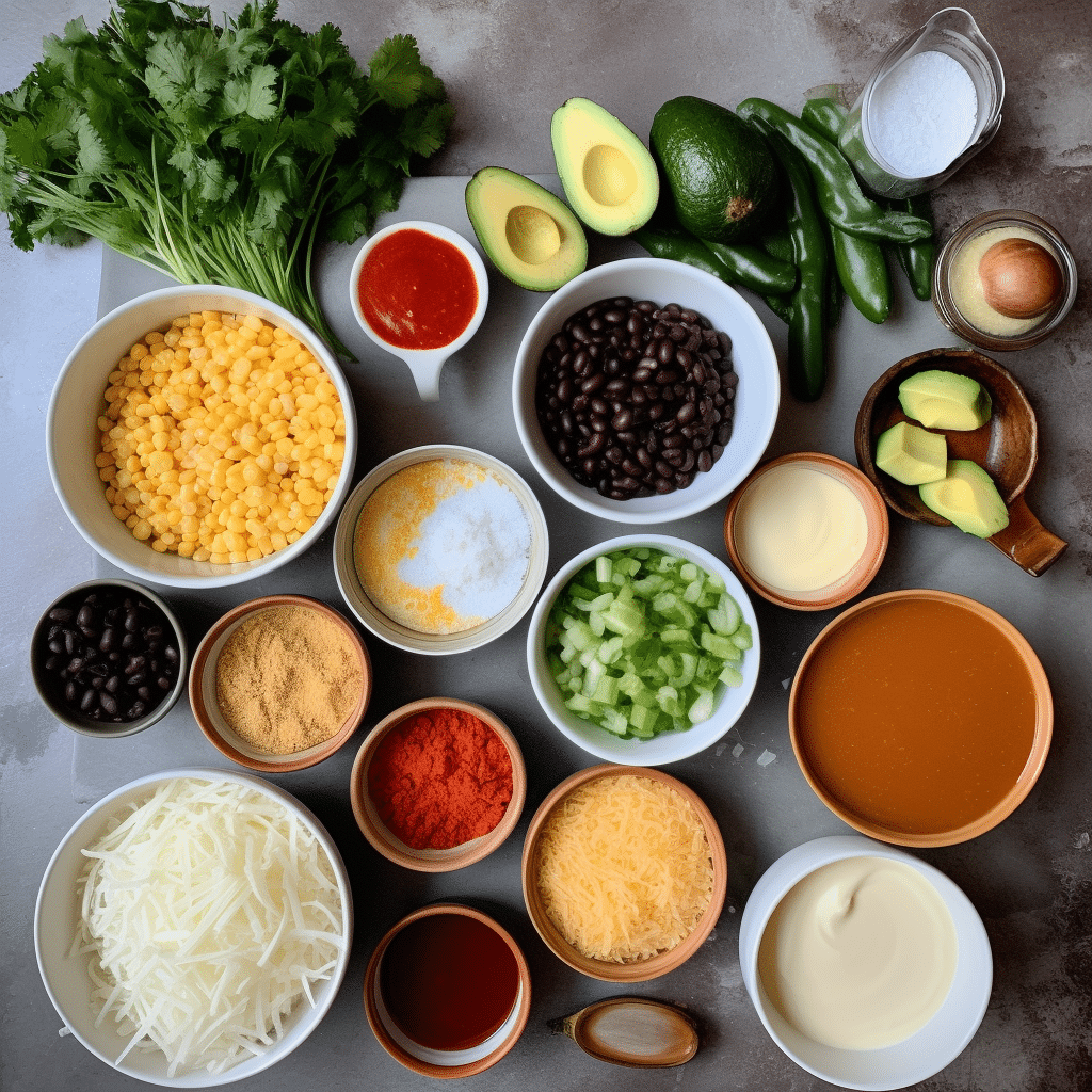 Ingredients for vegan enchilada soup including spices, beans, and fresh produce