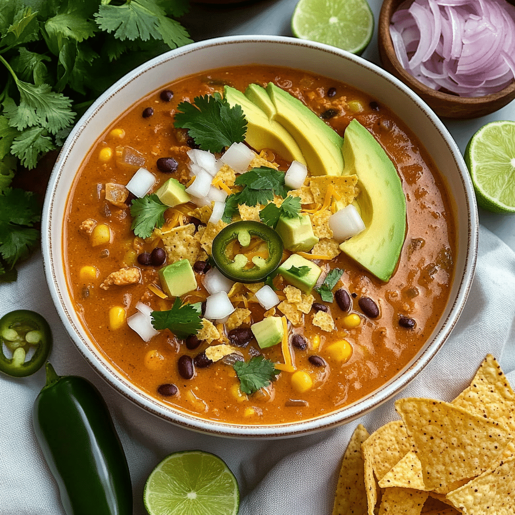Vegan enchilada soup served with toppings in bowls on a casual table