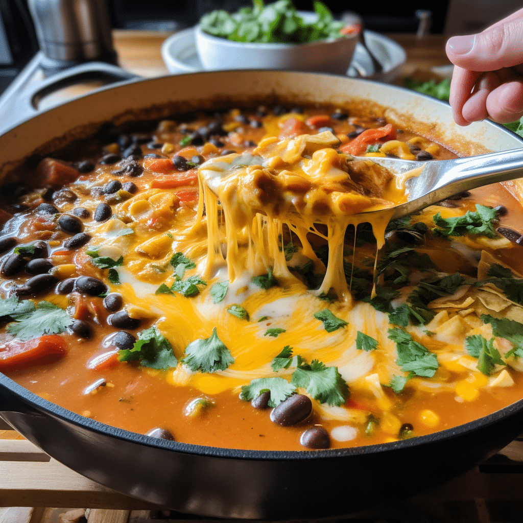 Vegan enchilada soup cooking process with beans and cheese melting in one pot