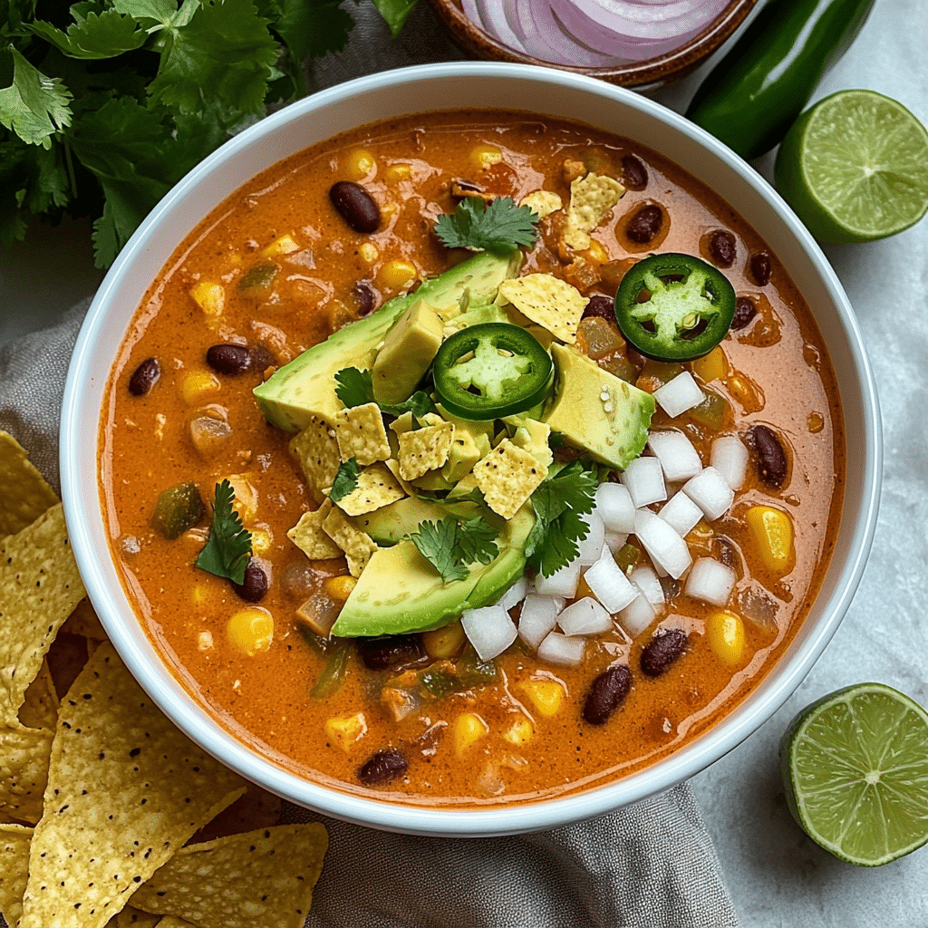 Vegan enchilada soup with tortilla chips, avocado, jalapeño, and cilantro