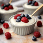 Vegan Greek yogurt breakfast bowl with granola and berries