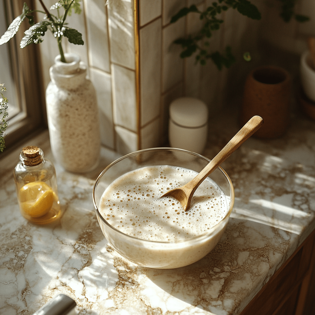 vegan-greek-yogurt-step-by-step Stirring probiotics and lemon juice into soy milk for vegan yogurt