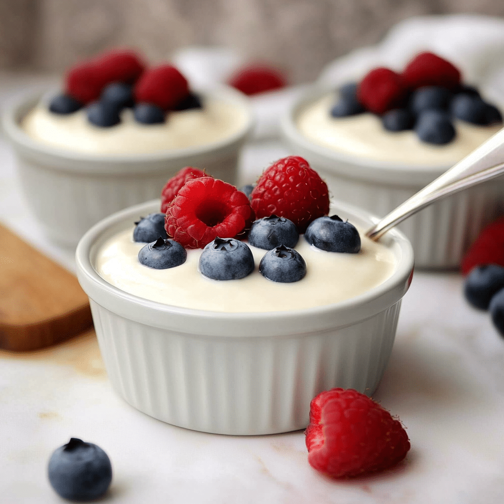 Vegan Greek yogurt with berries in ceramic bowl