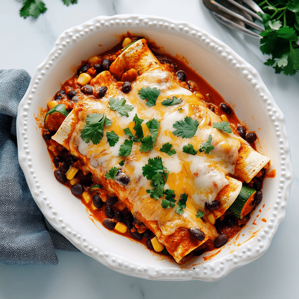 vegetarian-enchiladas-featured Plated vegetarian enchiladas with toppings and sides