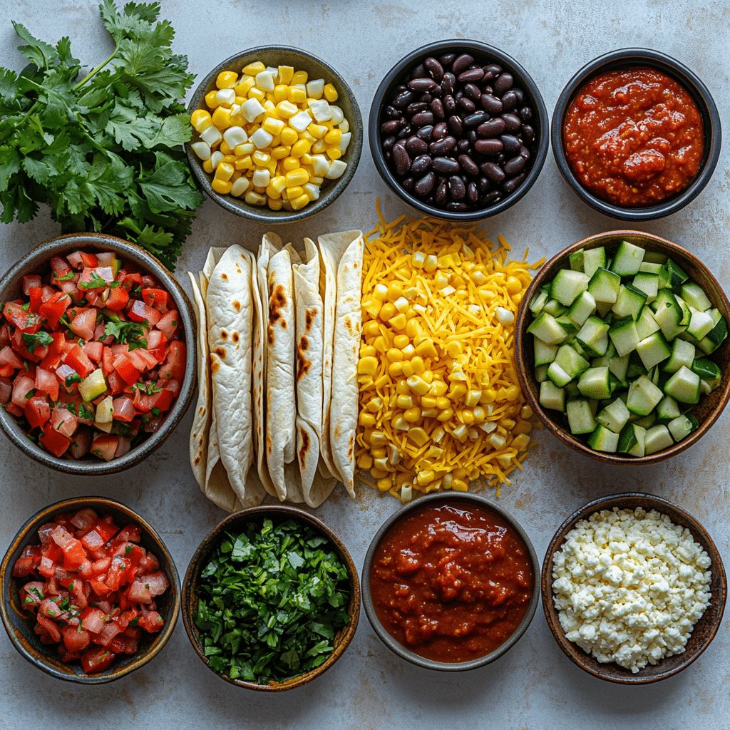 vegetarian-enchiladas-ingredients Vegetarian enchiladas ingredients flat lay