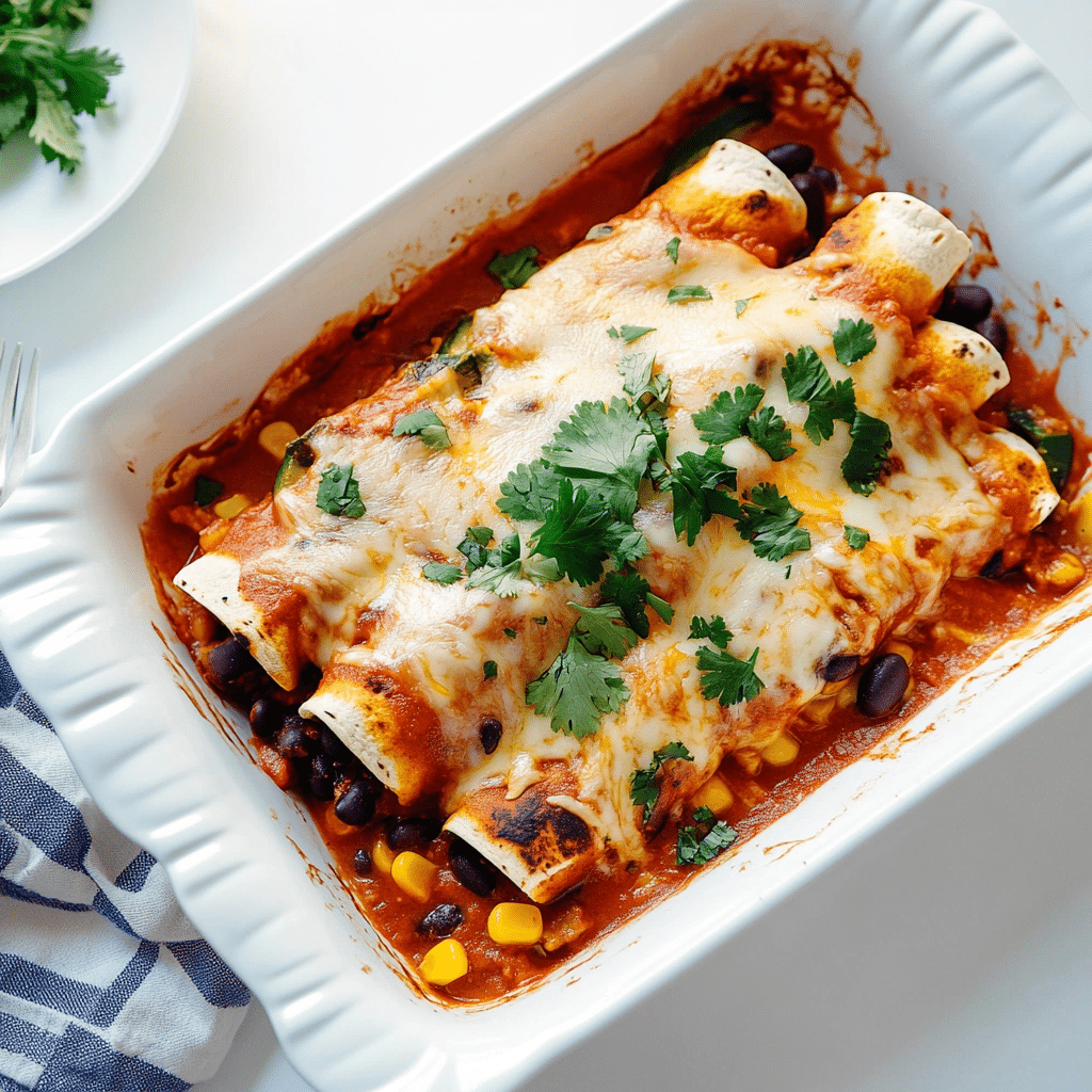 Vegetarian enchiladas with melted cheese and cilantro in baking dish