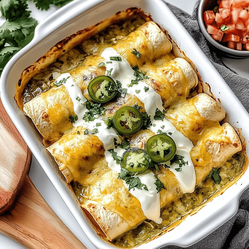 chicken-enchiladas-green-chili-jalapeno Green chili chicken enchiladas topped with cheese and jalapeños
