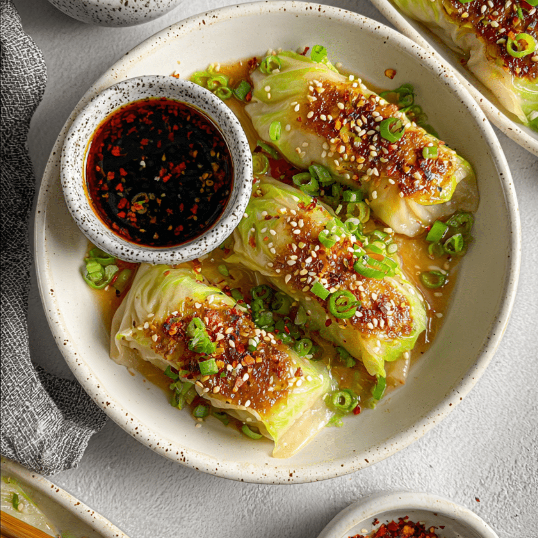 Steamed tofu and cabbage dumplings in golden broth with chili oil and scallions