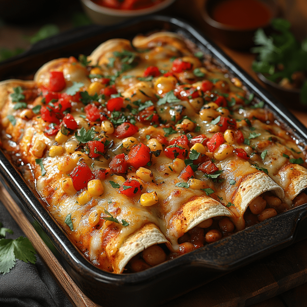 Realistic close-up of cheesy enchiladas with chili sauce in rustic dish