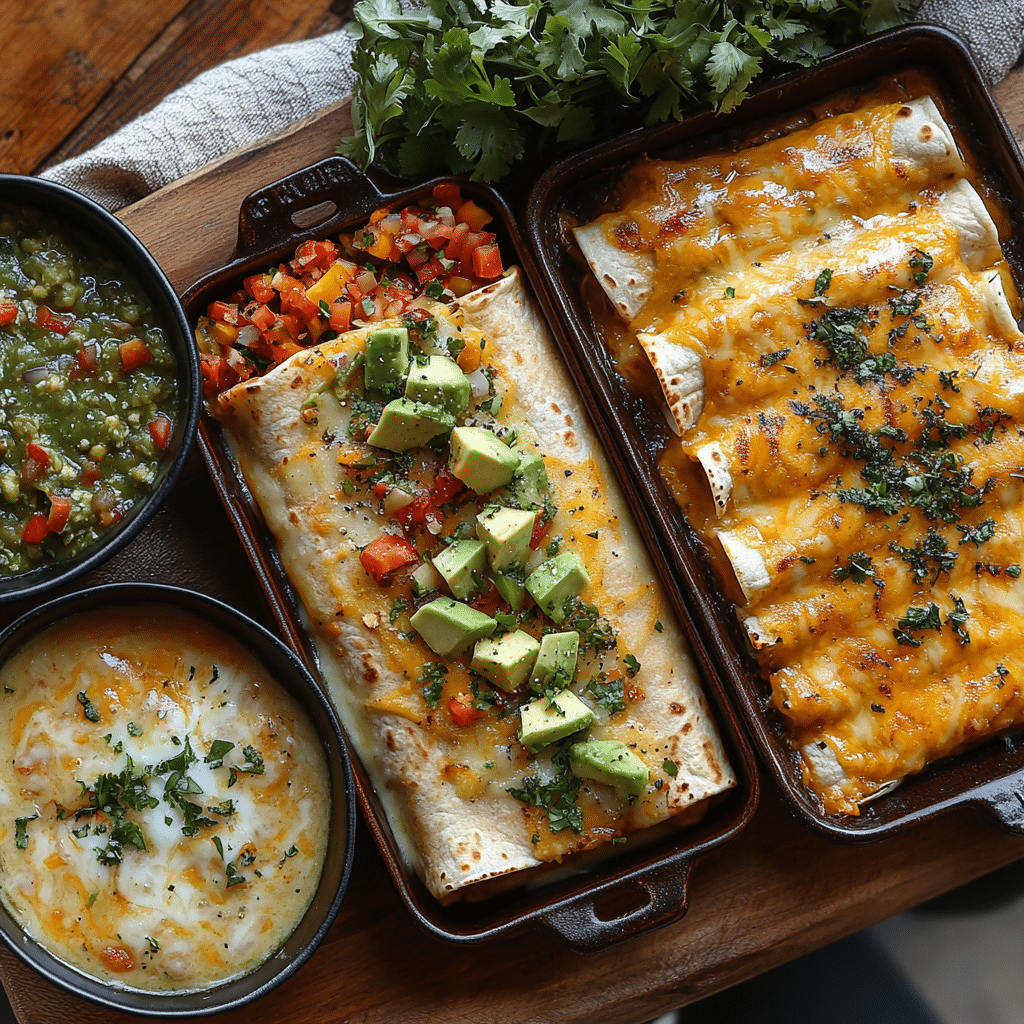 enchilada-types-vegan-vegetarian-chicken Comparison of vegan, vegetarian, and chicken enchiladas on wooden board