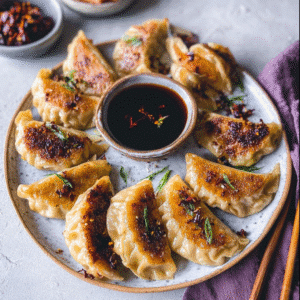 Close-up of Korean Kimchi Dumplings with Tofu served with soy dipping sauce