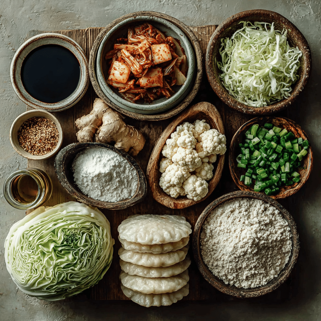 Ingredients for Korean Kimchi Dumplings with Tofu laid out on a table
