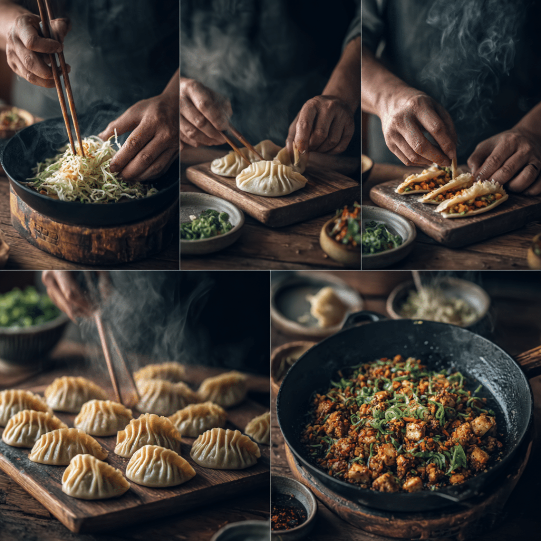 Step-by-step making of Korean Kimchi Dumplings with Tofu