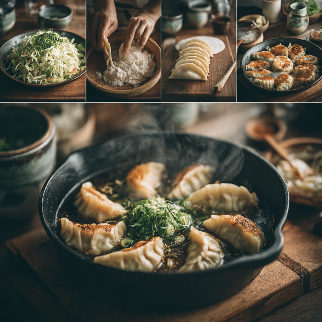 Step-by-step images of making tofu and cabbage dumplings in broth