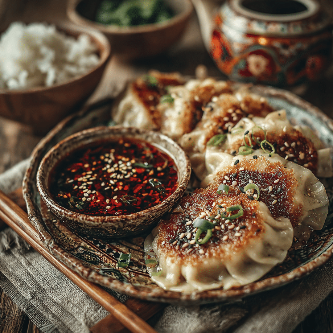 Served Korean Kimchi Dumplings with Tofu and dipping sauce