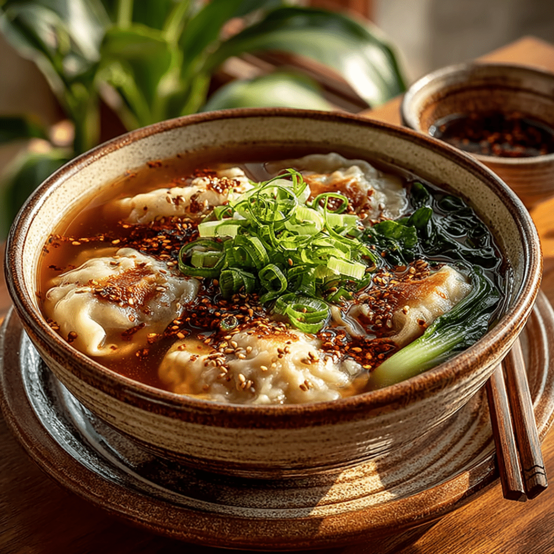 Served bowl of comfort tofu and cabbage dumplings with garnishes