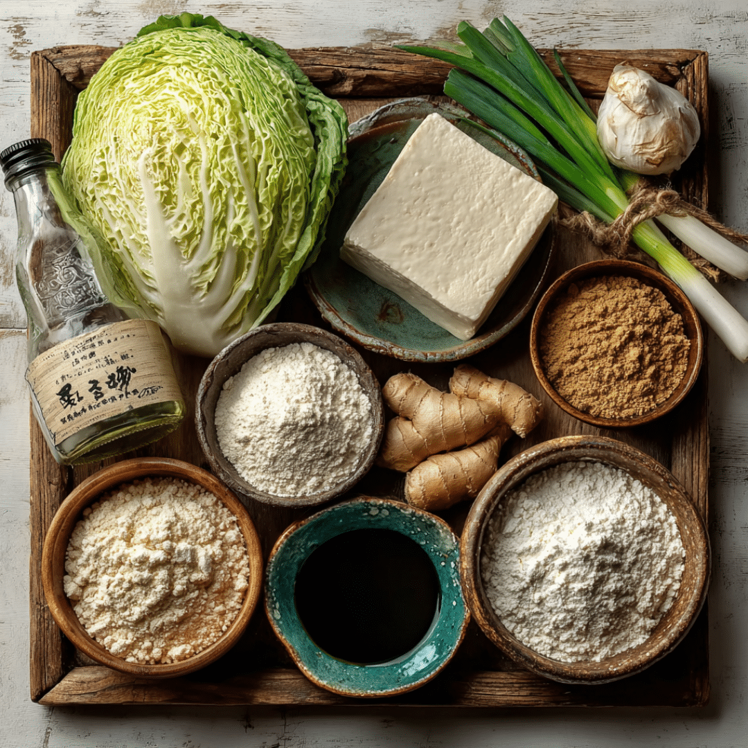 Ingredients for tofu and cabbage dumplings laid out on a kitchen counter