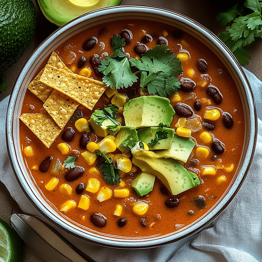 vegan-enchilada-soup-avocado-corn-beans Bowl of vegan enchilada soup with tortilla strips, avocado, and beans