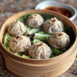 Vegan Soup Dumplings in Bamboo Steamer