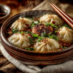 Tender vegan dumplings resting in savory miso-ginger broth, finished with fresh scallions and a sprinkle of sesame seeds.