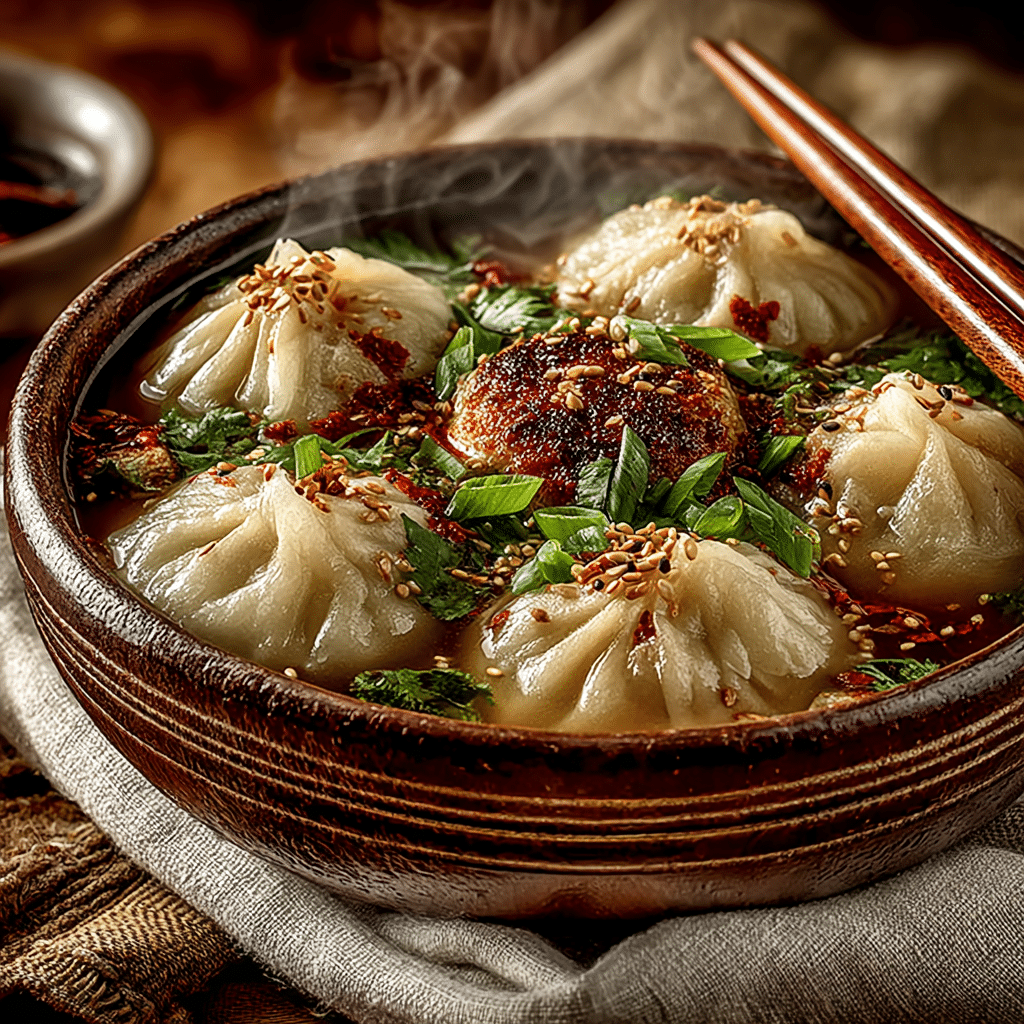 Tender vegan dumplings resting in savory miso-ginger broth, finished with fresh scallions and a sprinkle of sesame seeds.