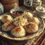 Served Vegan Soup Dumplings with Dipping Sauce