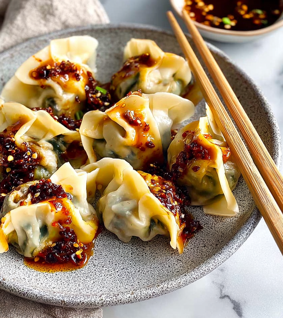 Asian-inspired vegan dumplings with garlic-chili sauce served on a plate with chopsticks