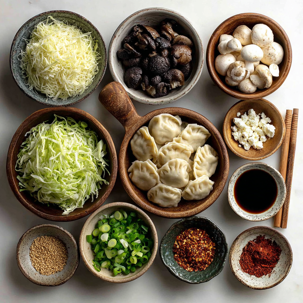 Ingredients for Asian-inspired vegan dumplings with garlic-chili sauce