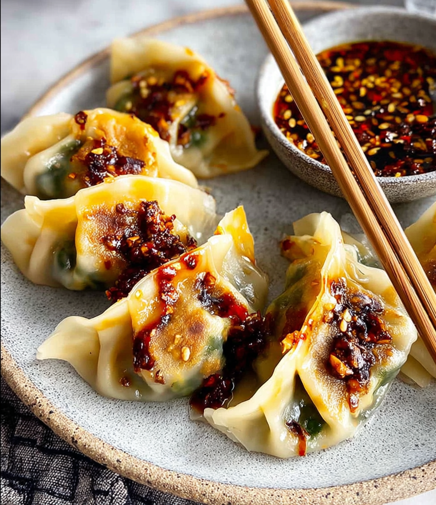 Served Asian-inspired vegan dumplings with garlic-chili sauce