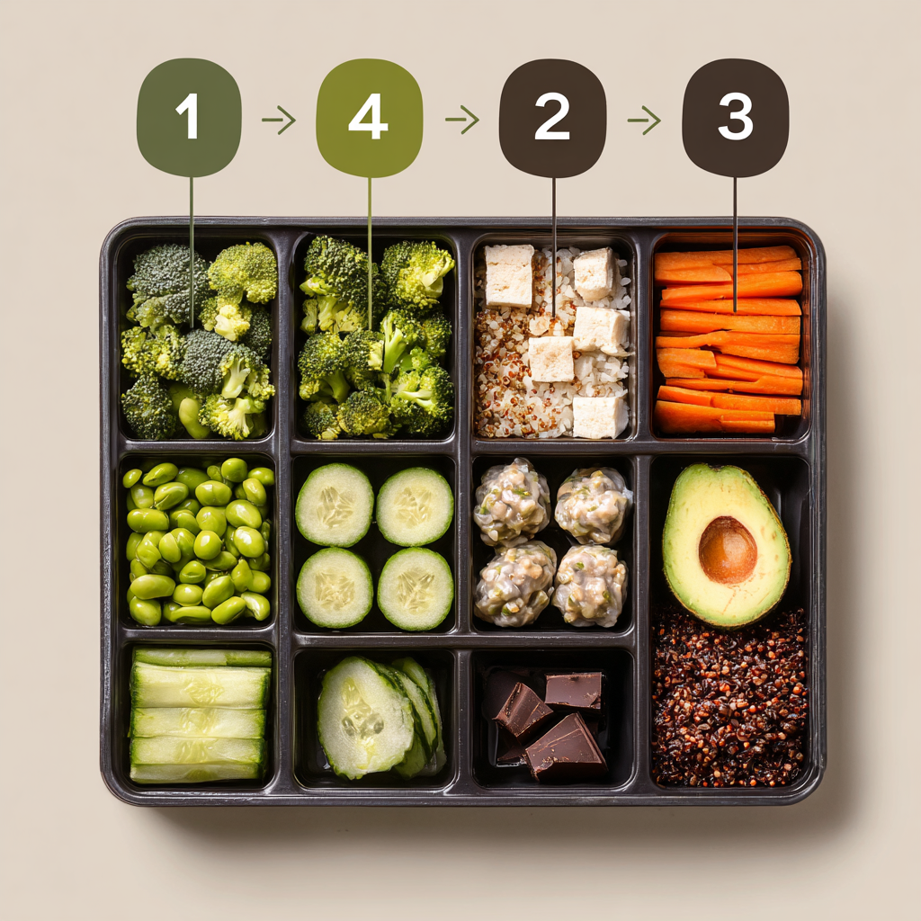 bento-box-4-3-2-1-rule Infographic showing the 4-3-2-1 rule for building a healthy bento box