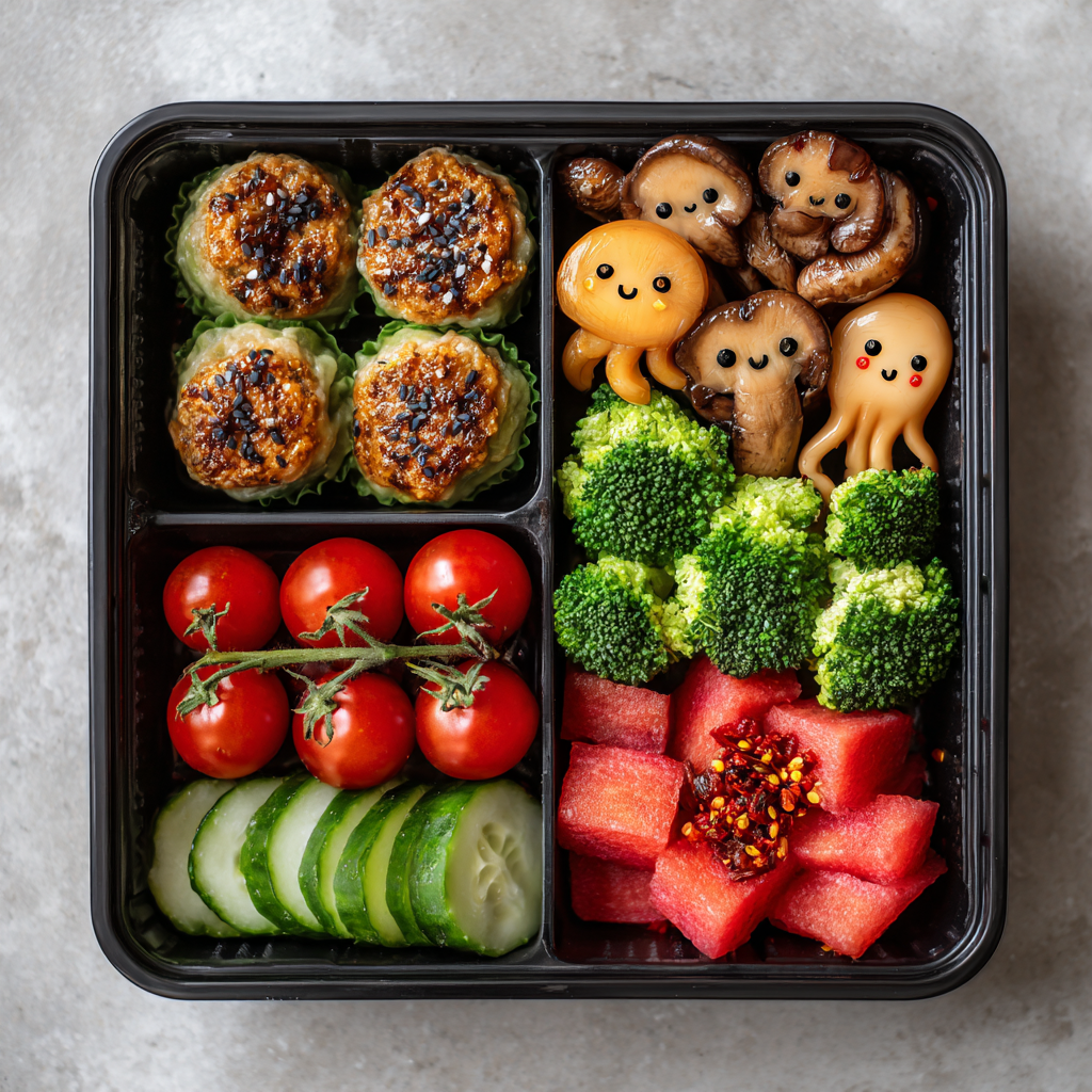 bento-box-assembly-vegan-lunch Step-by-step bento box ingredients layout with edamame dumplings and fresh veggies