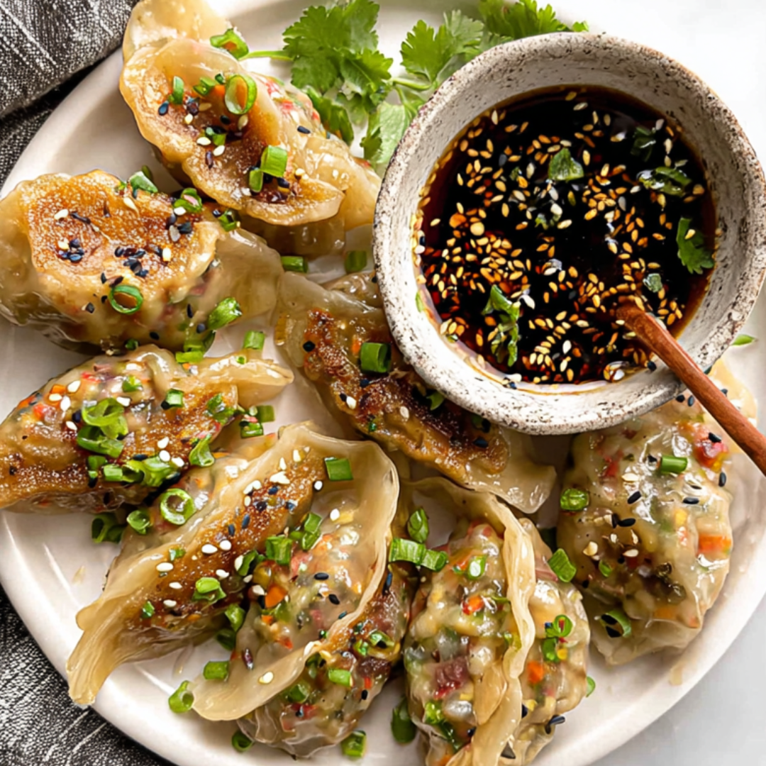 double-batch vegan dumplings for freezer storage served with soy-ginger dipping sauce